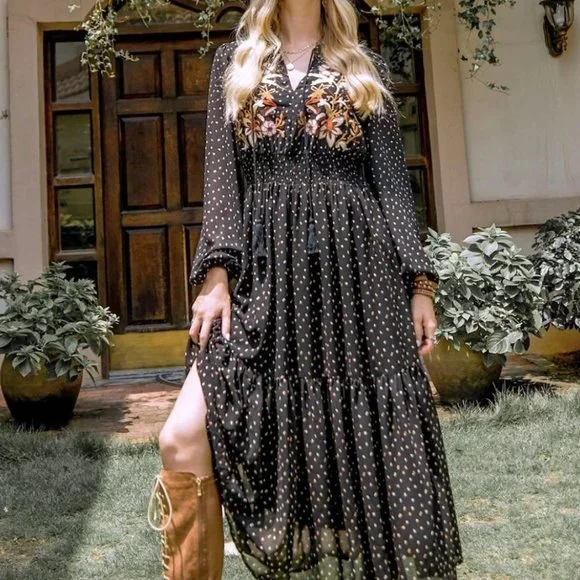 Boho gypsy floral embroidered dot black maxi dress sheer long sleeve - Picture 3 of 10